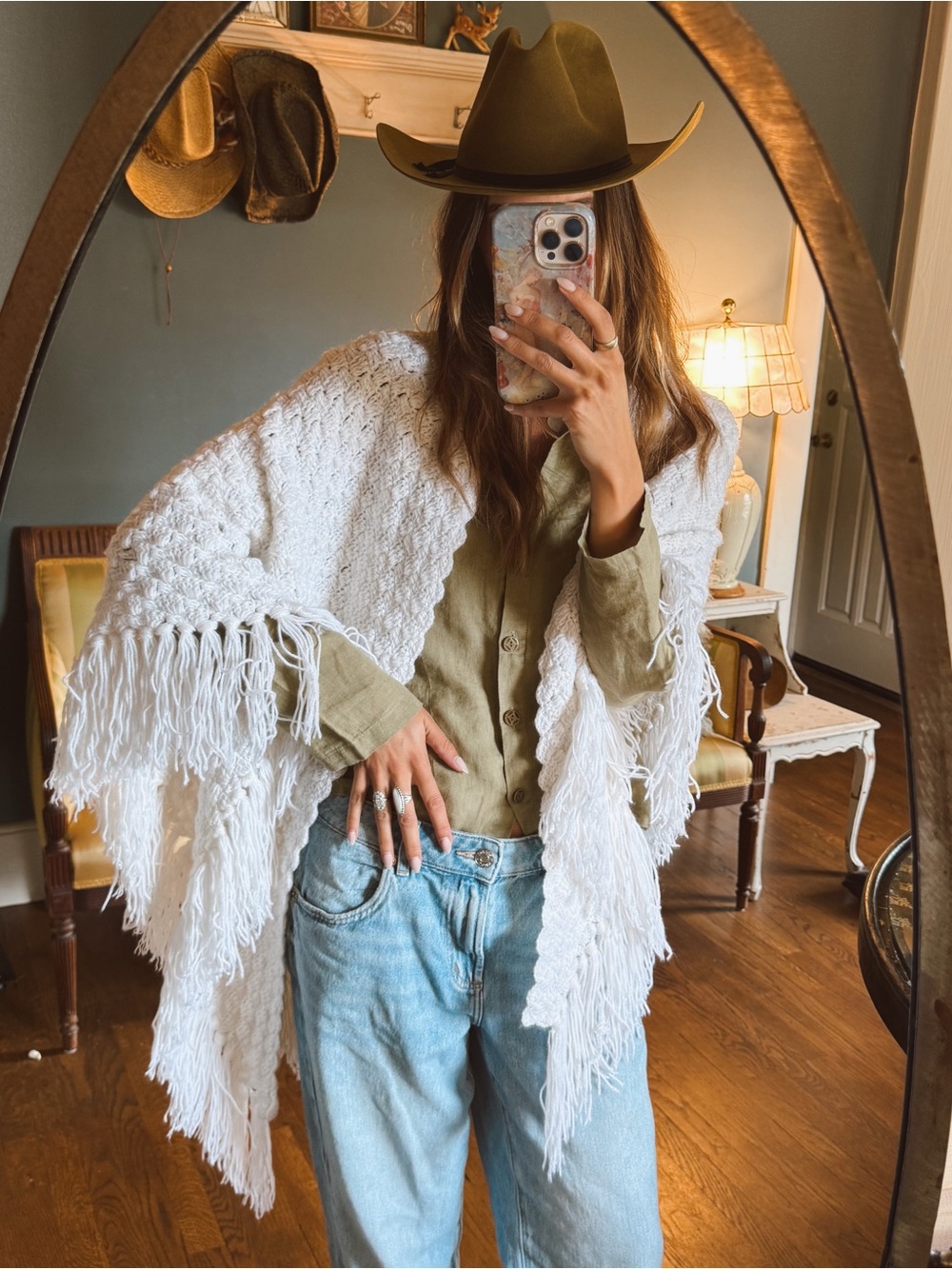 Handmade White Fringe Knit shawl poncho